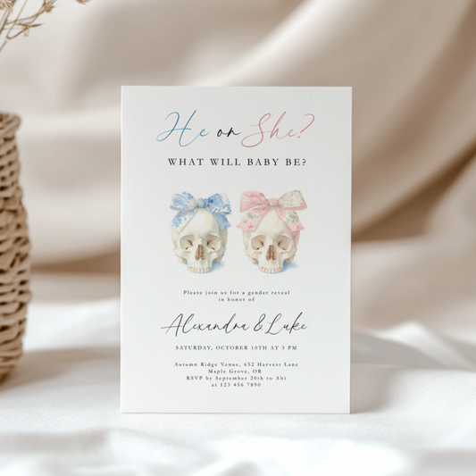 Baby Shower Invitation - Halloween Gender Reveal Skulls with Bows L11