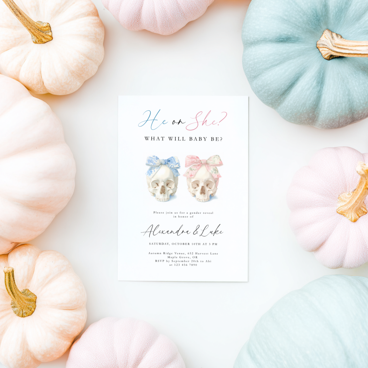 Baby Shower Invitation - Halloween Gender Reveal Skulls with Bows L11