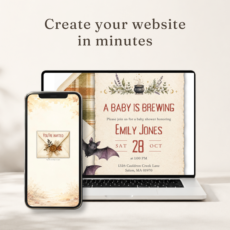 A Baby Is Brewing Halloween Baby Shower Website Invitation with RSVP BS317
