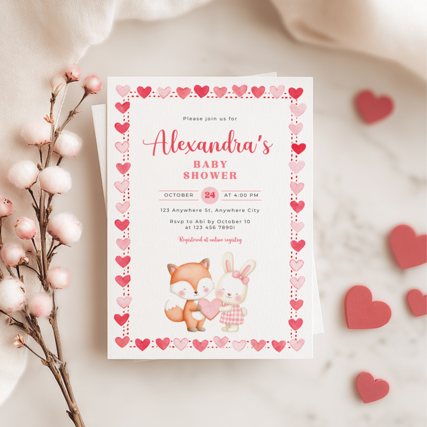 Heart Themed Woodland Baby Shower Invitation Girl L81