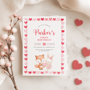 Valentine's Woodland First Birthday Party Invitation L81