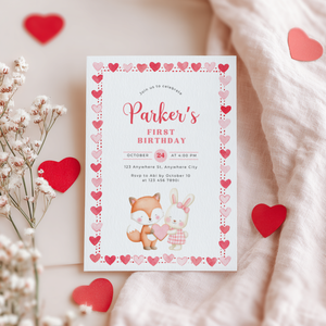 Valentine's Woodland First Birthday Party Invitation L81