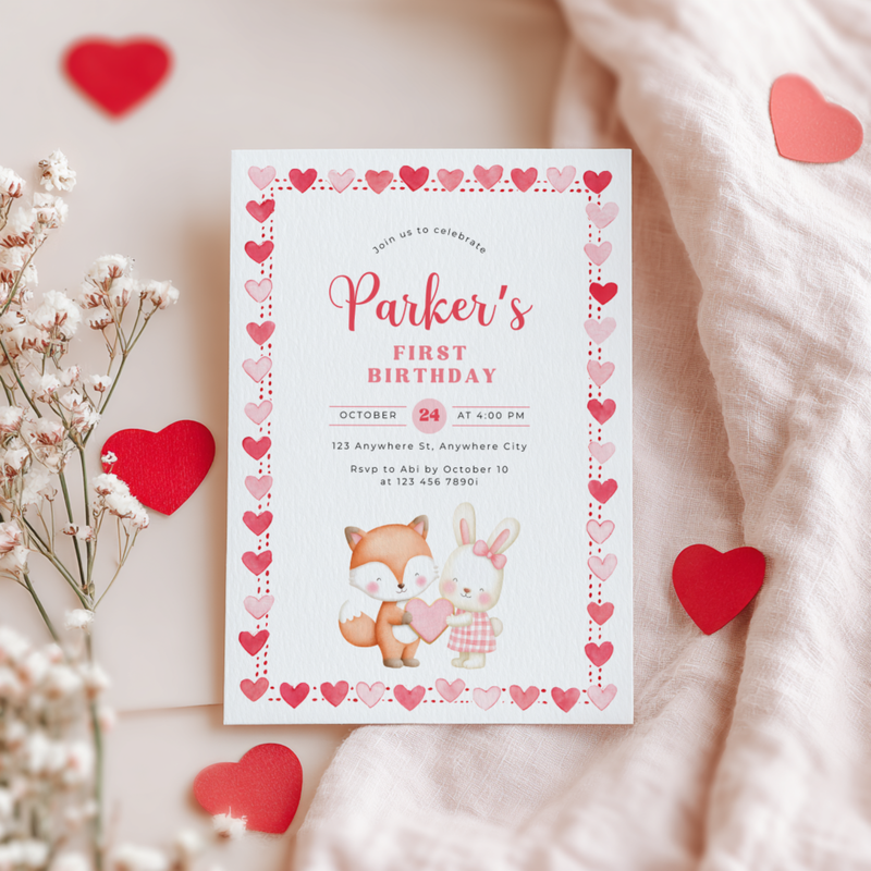 Valentine's Woodland First Birthday Party Invitation L81