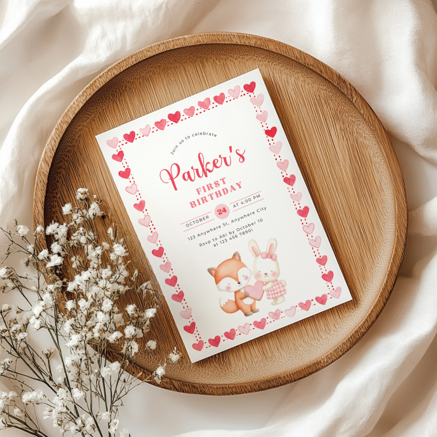 Valentine's Woodland First Birthday Party Invitation L81