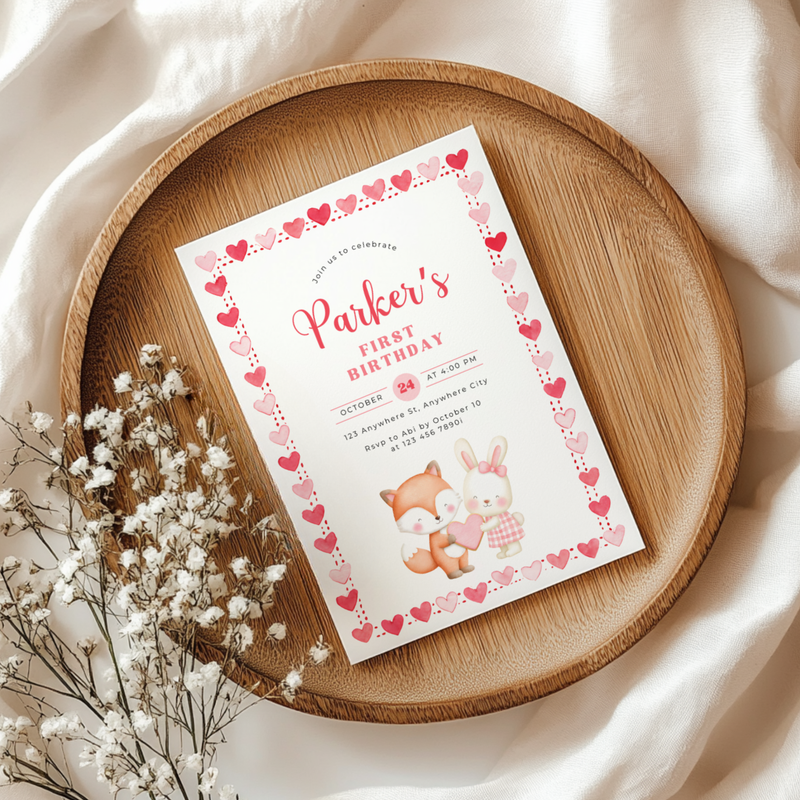 Valentine's Woodland First Birthday Party Invitation L81