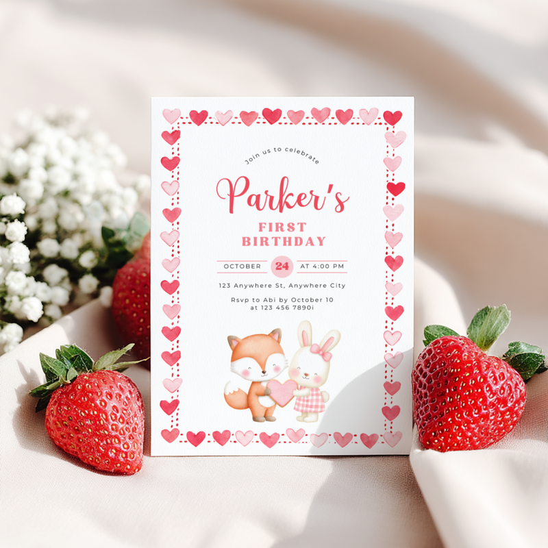 Valentine's Woodland First Birthday Party Invitation L81