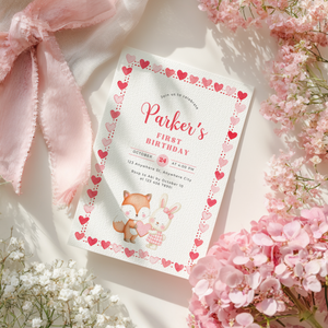 Valentine's Woodland First Birthday Party Invitation L81