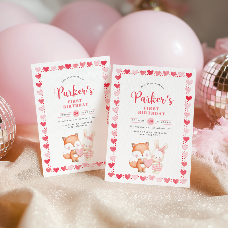 Valentine's Woodland First Birthday Party Invitation L81