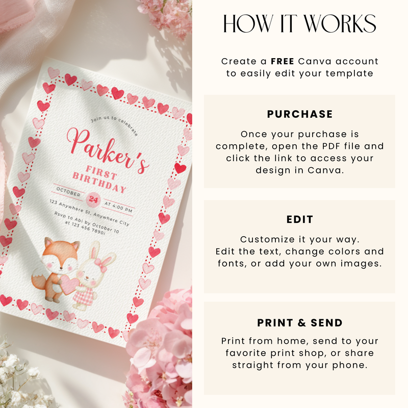 Valentine's Woodland First Birthday Party Invitation L81