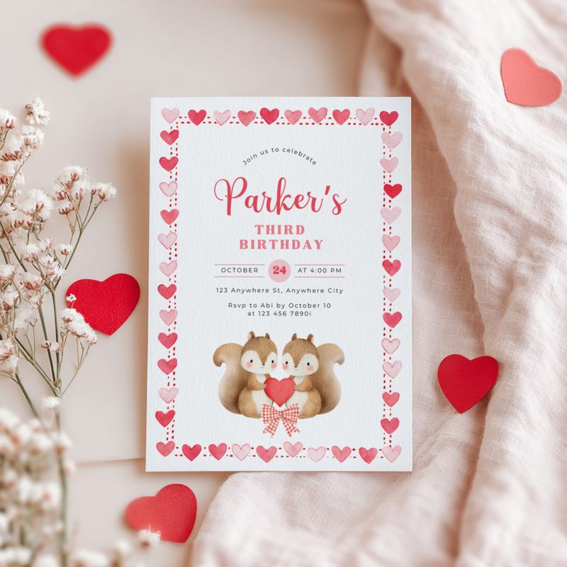 Cute Squirrels Woodland Third Birthday Party Invitation L82