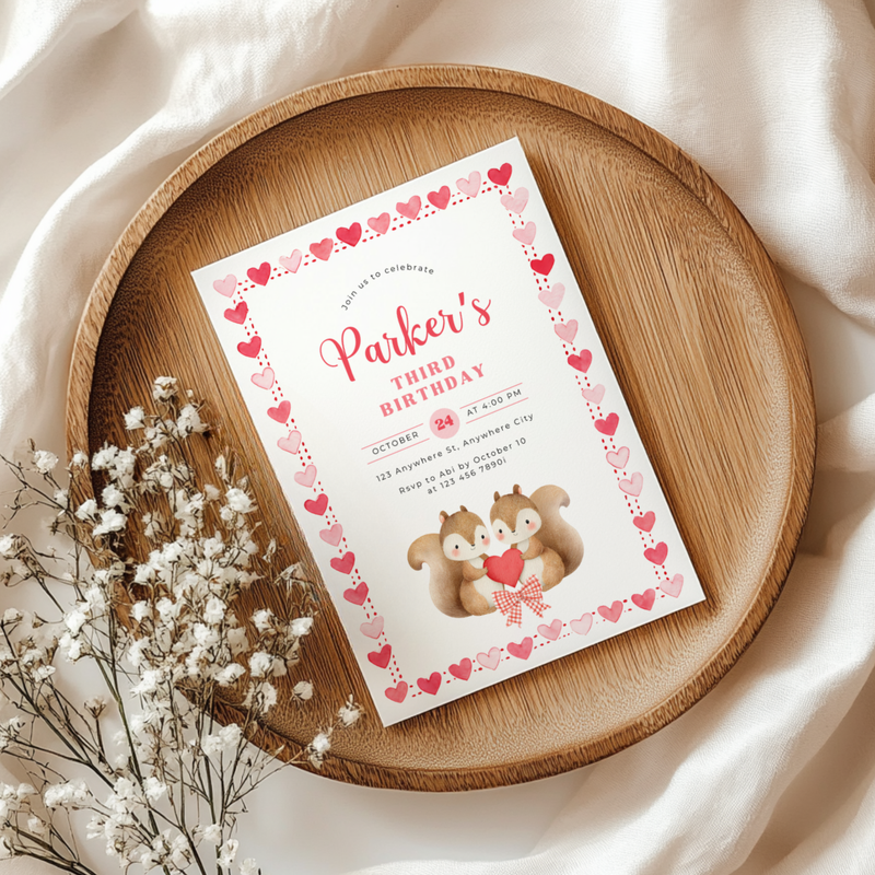 Cute Squirrels Woodland Third Birthday Party Invitation L82
