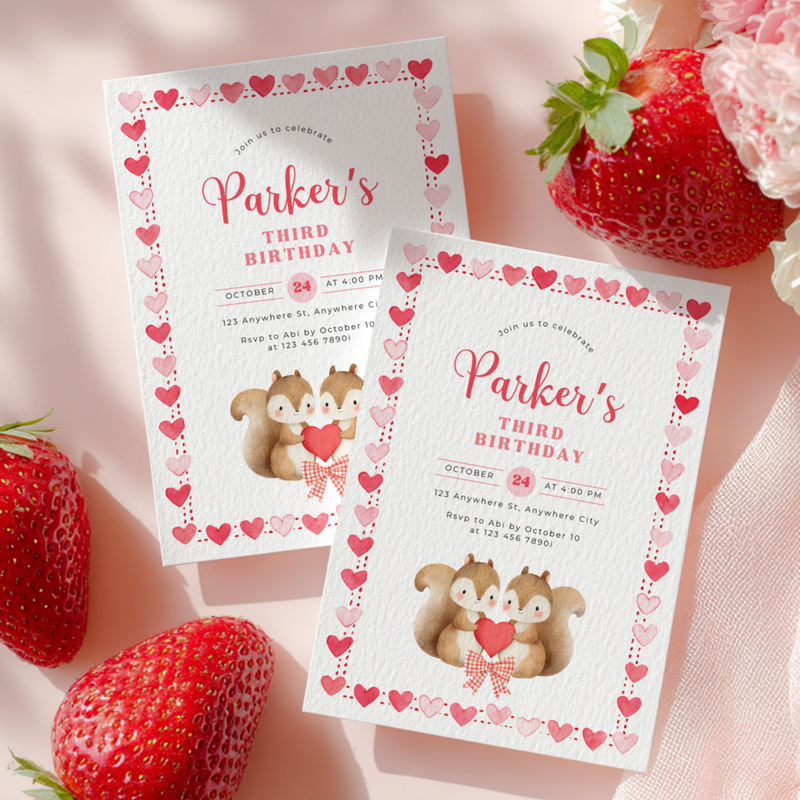 Cute Squirrels Woodland Third Birthday Party Invitation L82