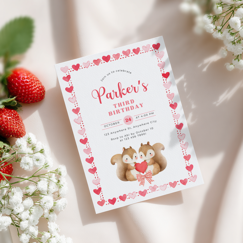 Cute Squirrels Woodland Third Birthday Party Invitation L82