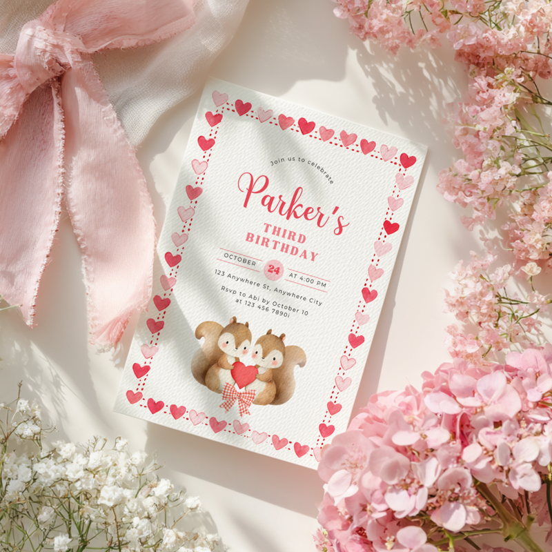 Cute Squirrels Woodland Third Birthday Party Invitation L82