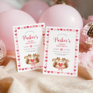 Cute Squirrels Woodland Third Birthday Party Invitation L82