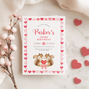 Cute Squirrels Woodland Third Birthday Party Invitation L82