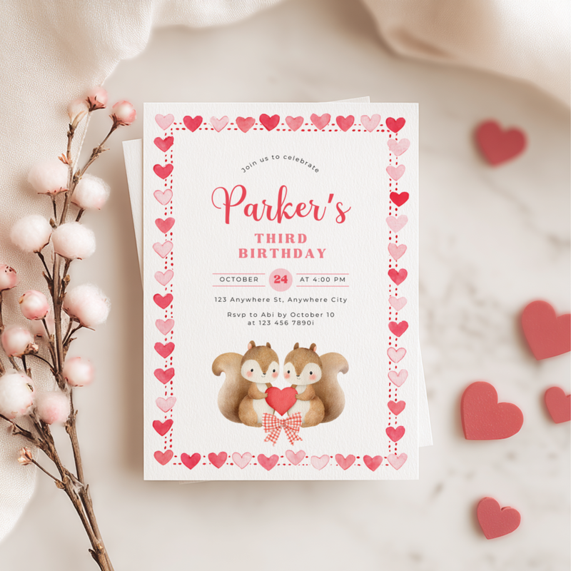 Cute Squirrels Woodland Third Birthday Party Invitation L82