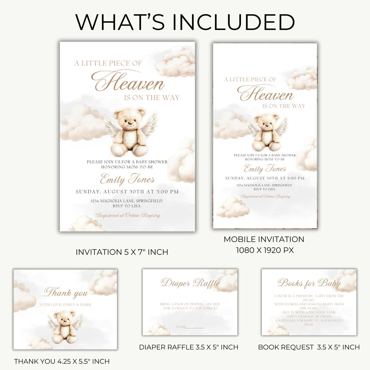 Baby Shower Invitation Bundle - Little Piece Of Heaven Beige Heaven Sent Teddy Bear BS172