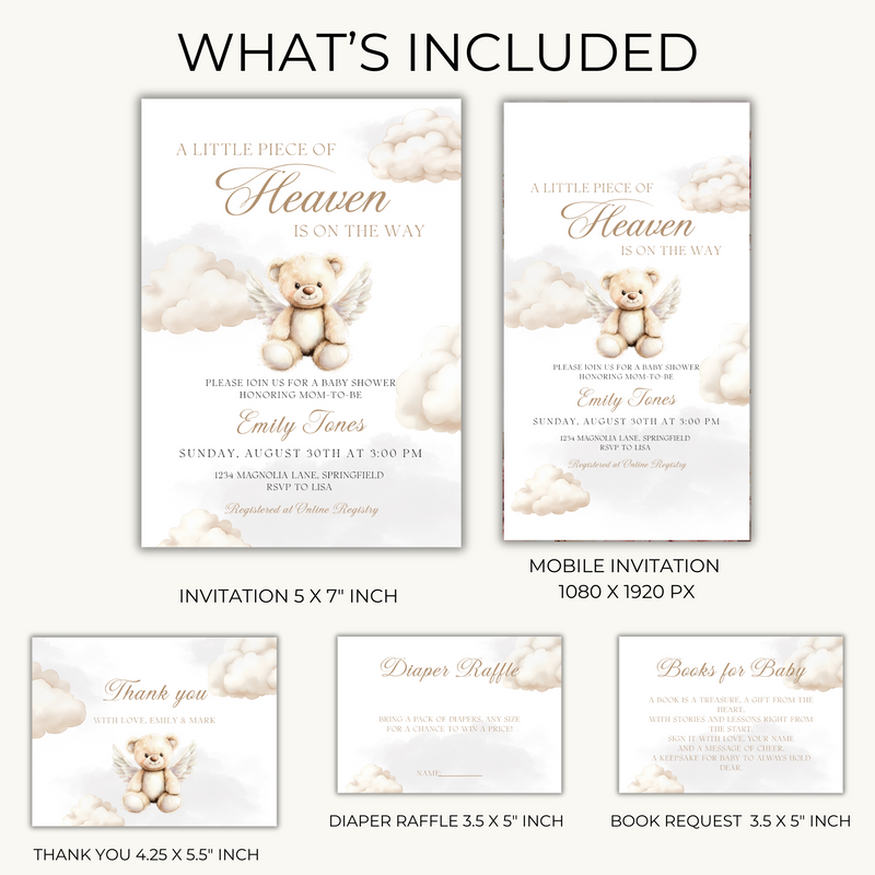 Baby Shower Invitation Bundle - Little Piece Of Heaven Beige Heaven Sent Teddy Bear BS172