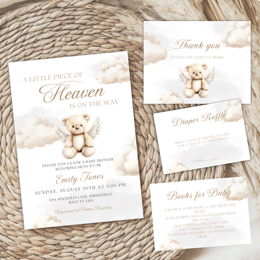 Baby Shower Invitation Bundle - Little Piece Of Heaven Beige Heaven Sent Teddy Bear BS172