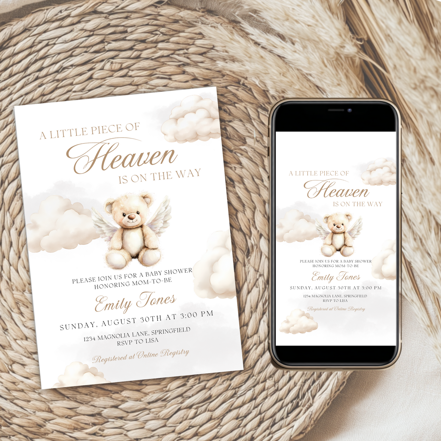 Baby Shower Invitation Bundle - Little Piece Of Heaven Beige Heaven Sent Teddy Bear BS172