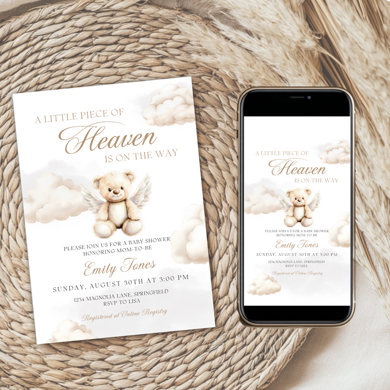 Baby Shower Invitation Bundle - Little Piece Of Heaven Beige Heaven Sent Teddy Bear BS172