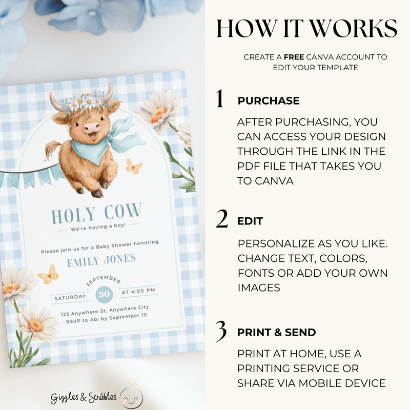 Highland Holy Cow Baby Shower Invitation Set for Boy BS297