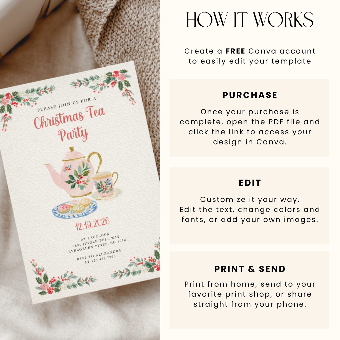 Christmas Tea Party Invitation for Holiday Brunch or Cookie Exchange L73