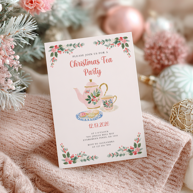 Christmas Tea Party Invitation for Holiday Brunch or Cookie Exchange L73