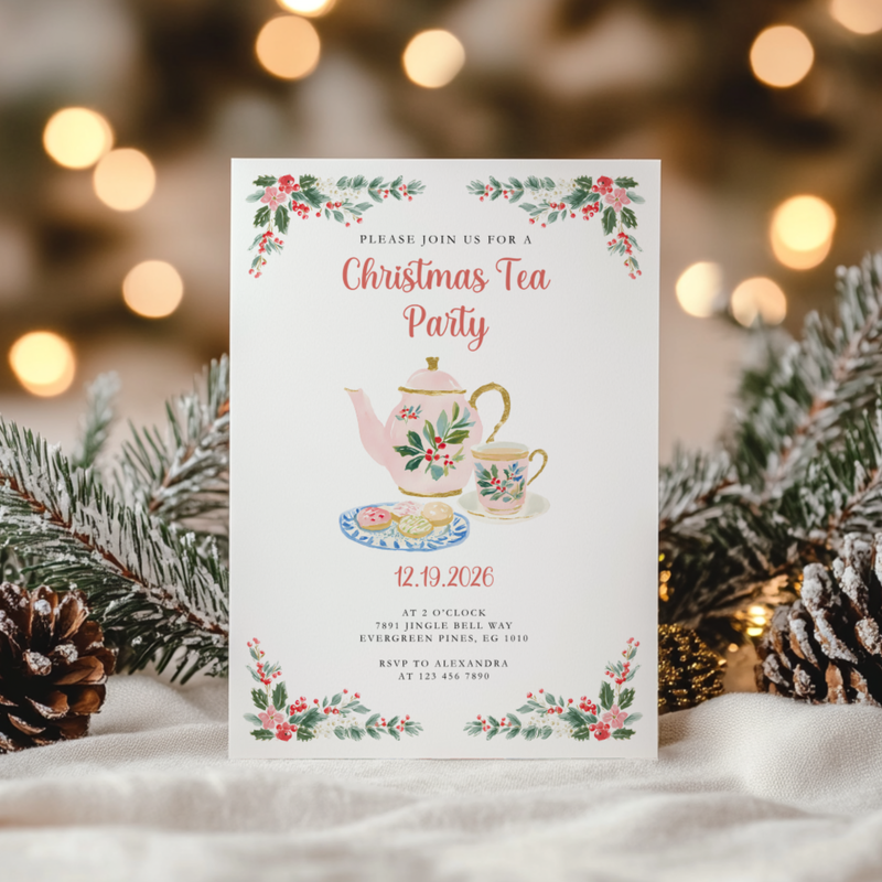 Christmas Tea Party Invitation for Holiday Brunch or Cookie Exchange L73