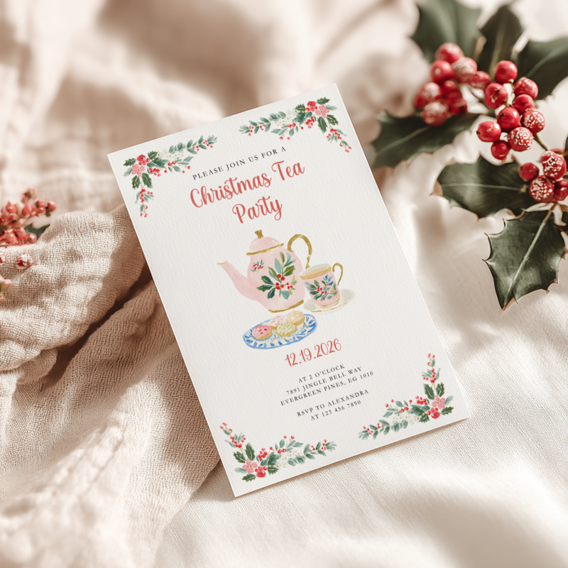 Christmas Tea Party Invitation for Holiday Brunch or Cookie Exchange L73