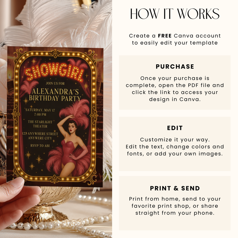 Old Hollywood Glamour Showgirl Birthday Party Invitation L78