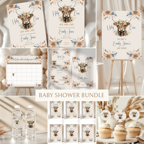 Baby Shower Mega Bundle - Holy Cow Boho Highland Cow Beige Blue Floral BS75