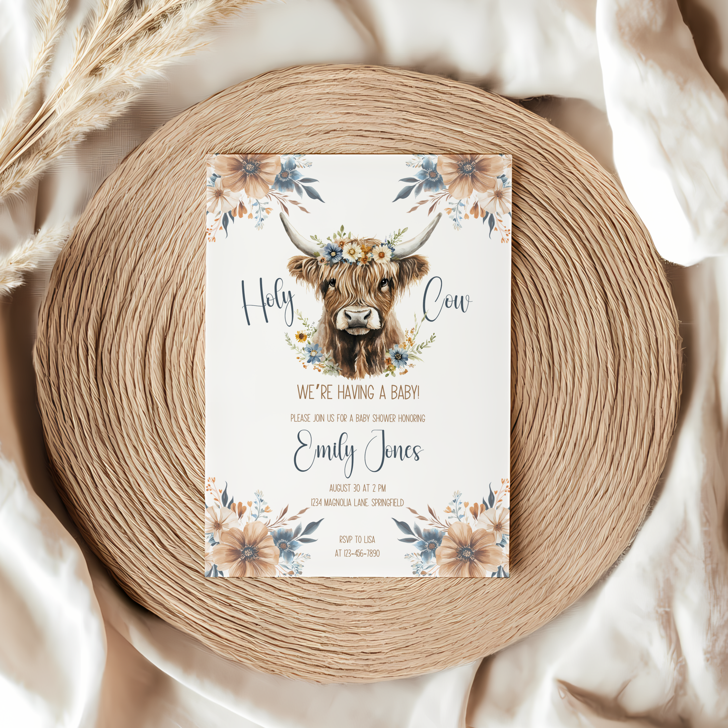 Baby Shower Invitation - Holy Cow Boho Highland Cow with Blue Flowers BS75