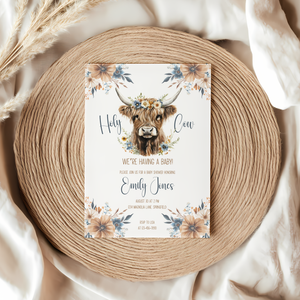 Baby Shower Invitation - Holy Cow Boho Highland Cow with Blue Flowers BS75