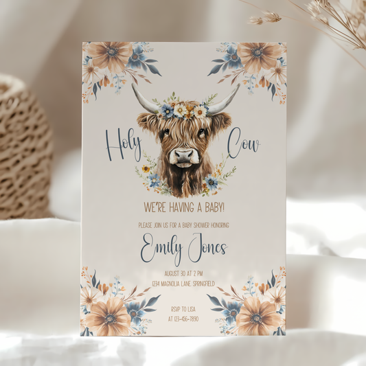 Baby Shower Invitation - Holy Cow Boho Highland Cow with Blue Flowers BS75
