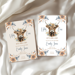 Baby Shower Invitation Bundle - Holy Cow Boho Highland Cow with Blue Flowers BS75