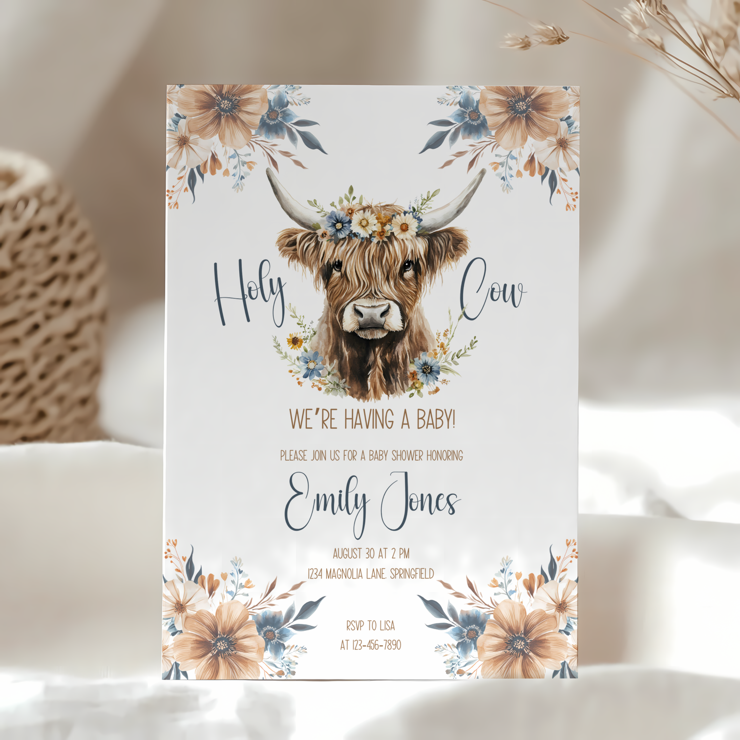 Baby Shower Invitation - Holy Cow Boho Highland Cow with Blue Flowers BS75
