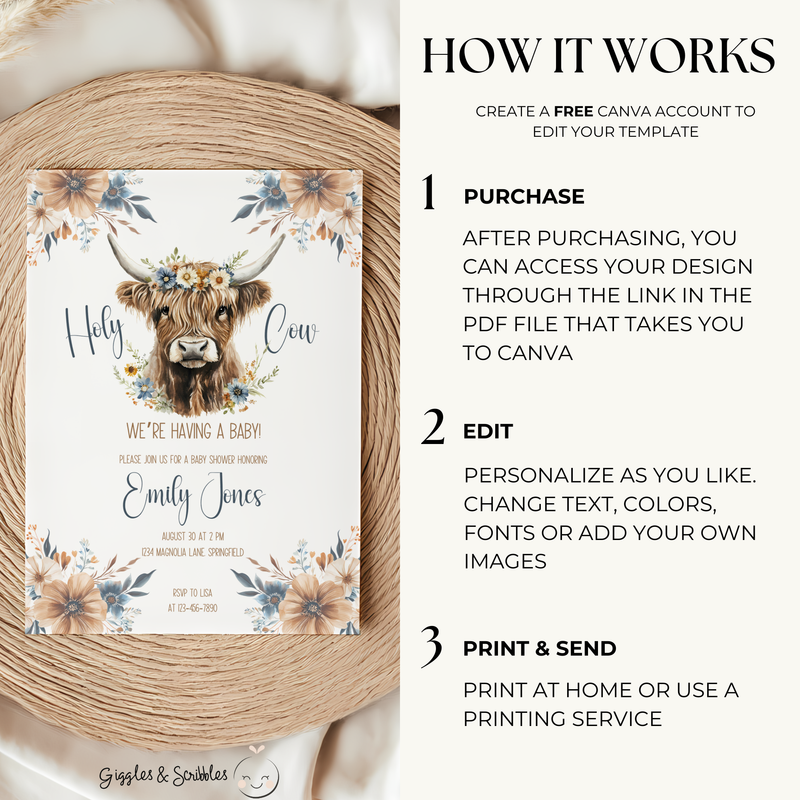 Baby Shower Invitation Bundle - Holy Cow Boho Highland Cow with Blue Flowers BS75