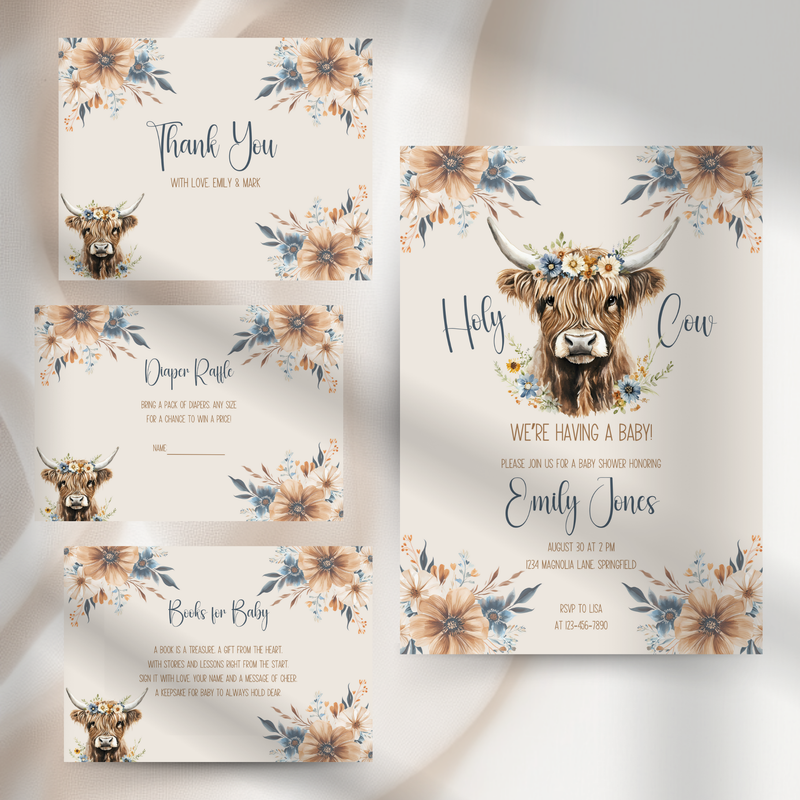 Baby Shower Mega Bundle - Holy Cow Boho Highland Cow Beige Blue Floral BS75