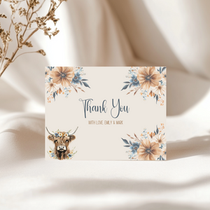Baby Shower Invitation Bundle - Holy Cow Boho Highland Cow with Blue Flowers BS75