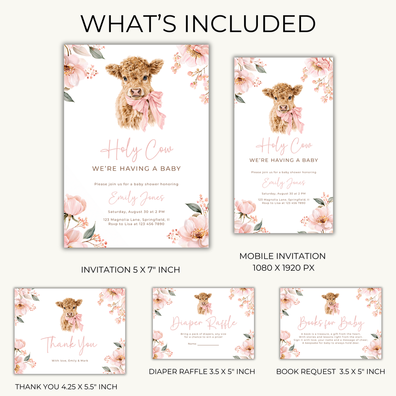 Holy Cow Girl Baby Shower Invitation Bundle BS289