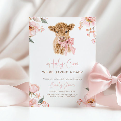 Pink Highland Holy Cow Baby Shower Invitation BS289