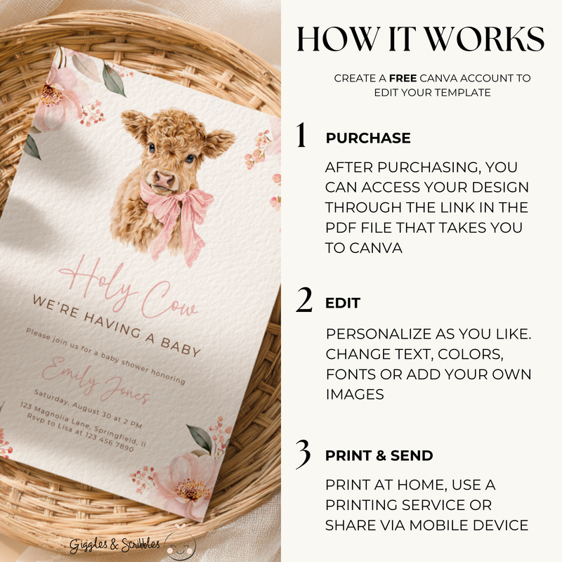 Pink Highland Holy Cow Baby Shower Invitation BS289