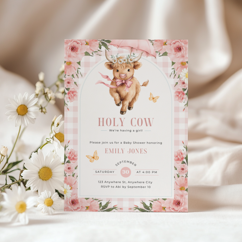 Floral Highland Cow Baby Shower Invitation Girl BS300