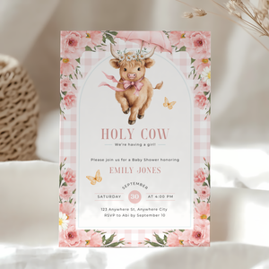 Floral Highland Cow Baby Shower Invitation Girl BS300