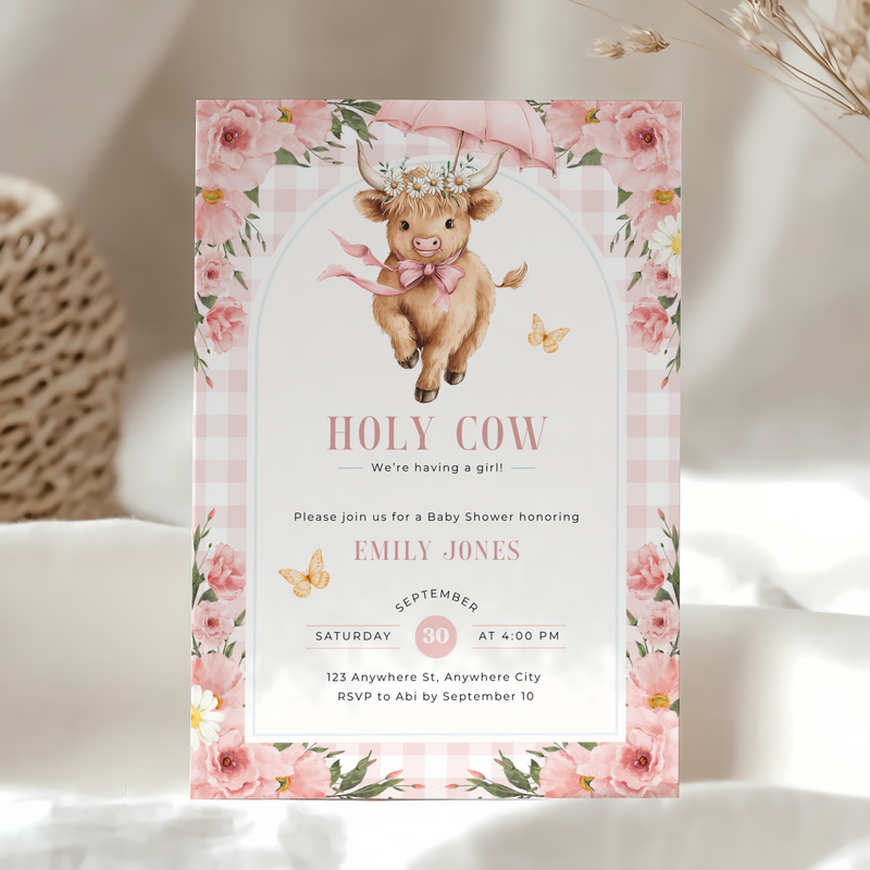 Floral Highland Cow Baby Shower Invitation Girl BS300