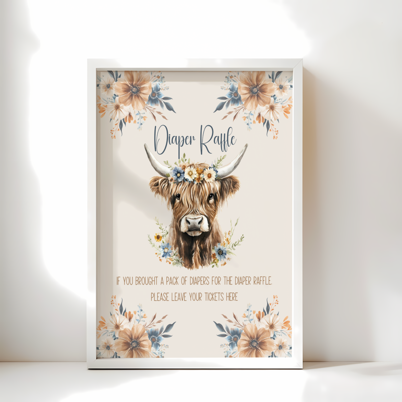 Baby Shower Table Sign Bundle - Holy Cow Boho Highland Cow Beige Blue Floral BS75