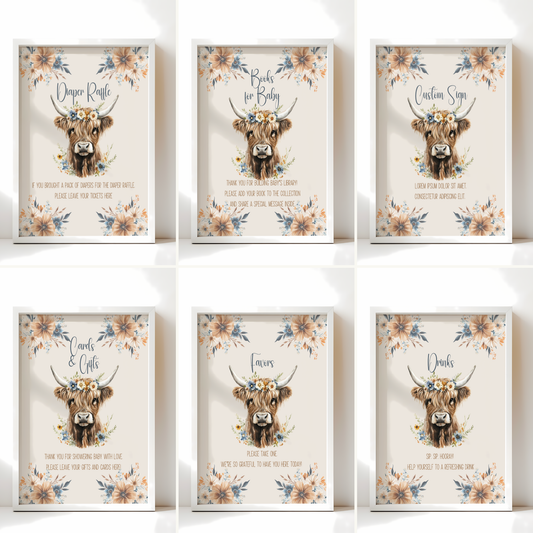 Baby Shower Table Sign Bundle - Holy Cow Boho Highland Cow Beige Blue Floral BS75