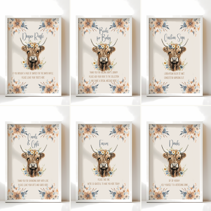 Baby Shower Table Sign Bundle - Holy Cow Boho Highland Cow Beige Blue Floral BS75